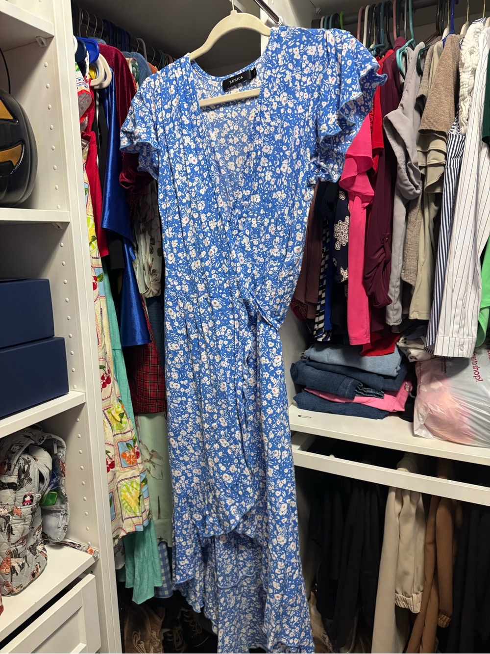 Zara Blue and White Floral High-Low Wrap Dress